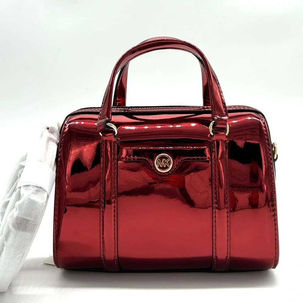 Michael Kors Jet Set Small Patent Duffel Crossbody Bag Cherry